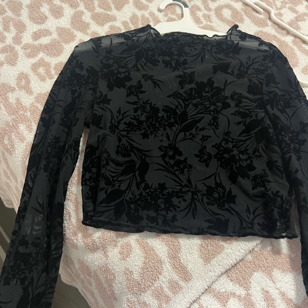 Long sleeve mesh crop top with velour floral print